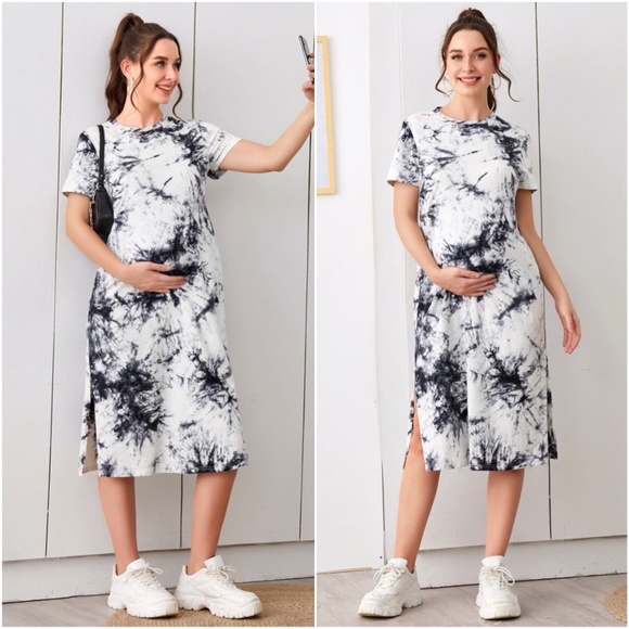 Dresses & Skirts - MATERNITY tie dye side slit short sleeve midi dres